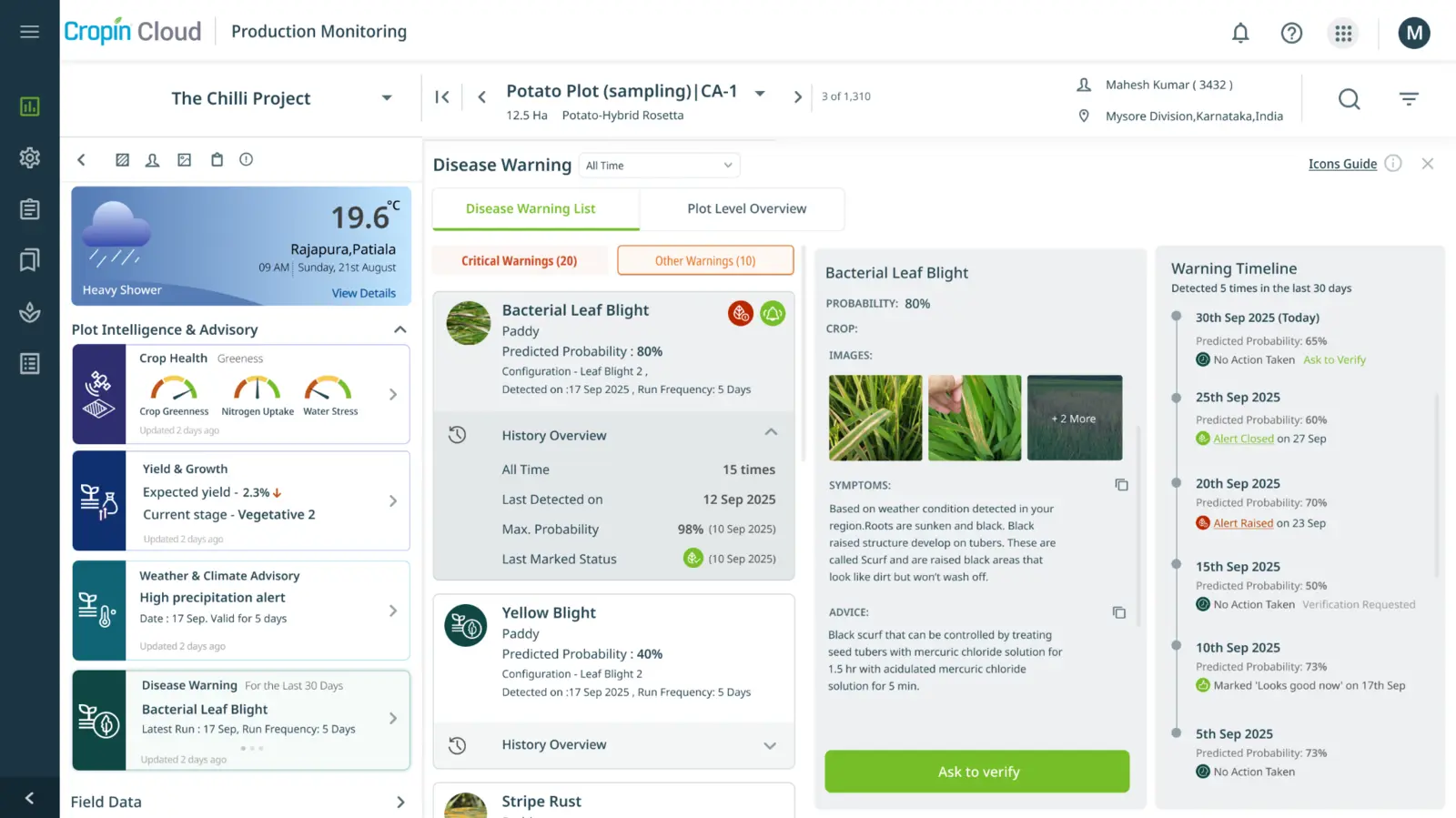 Cropin disease early-warning dashboard with evidence and plot verification