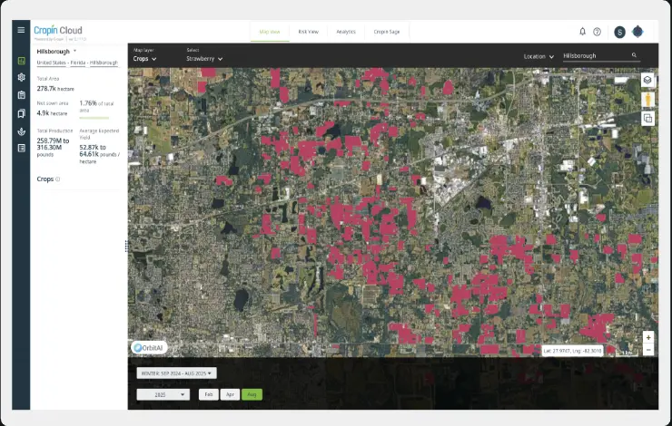 Regional crop intelligence showing production signals across a geography