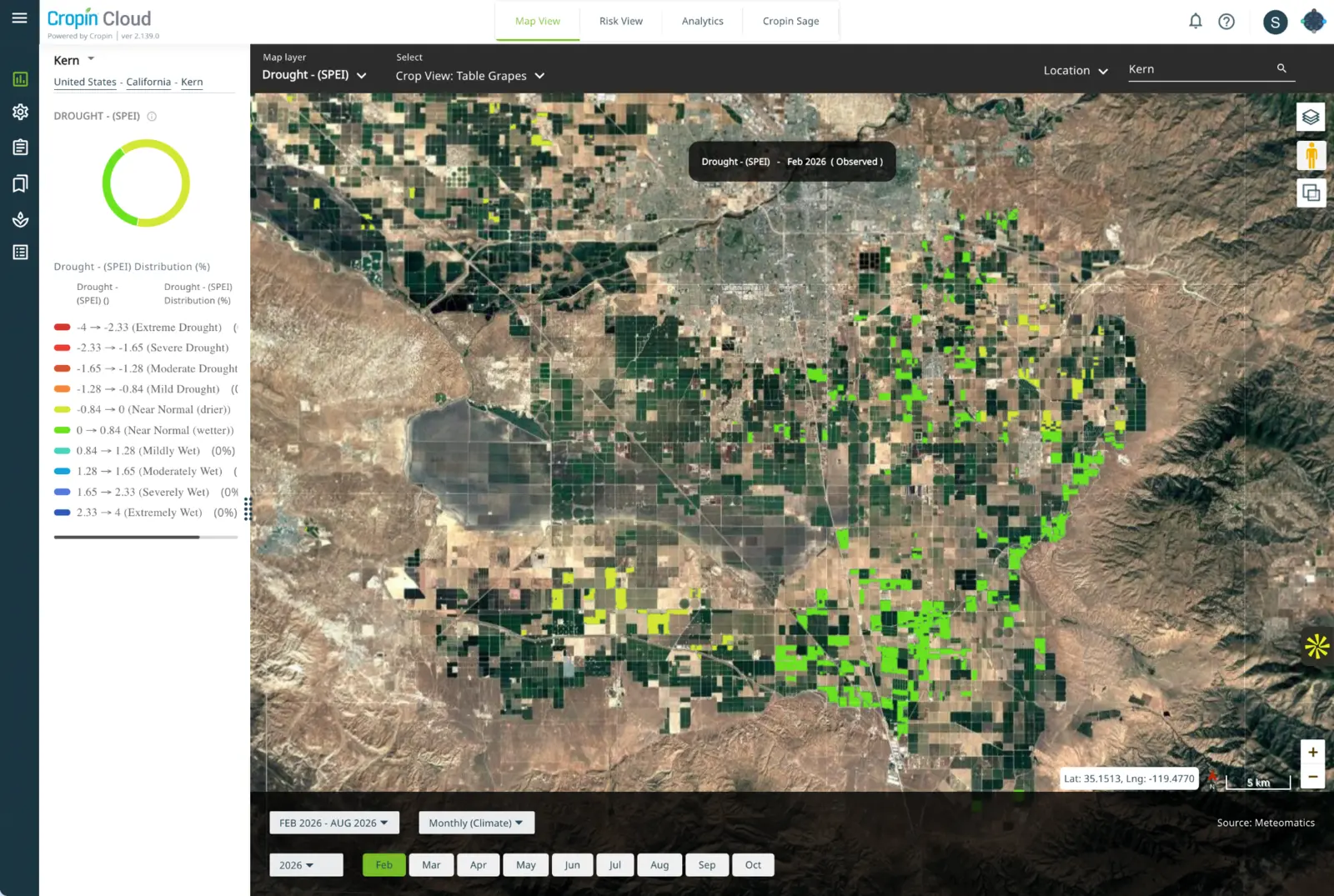 Cropin Cloud crop-specific SPEI drought view for table grapes in Kern County, California