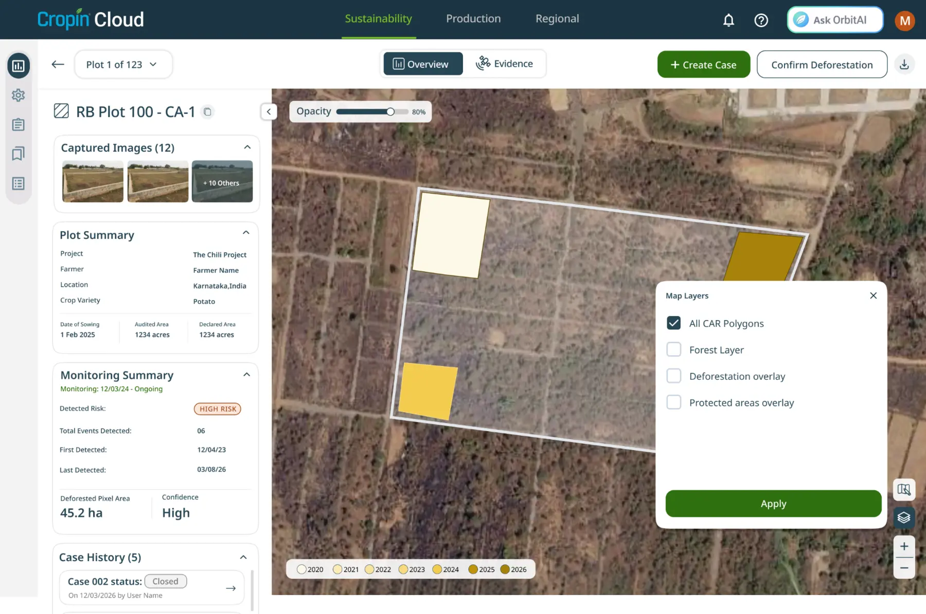 Cropin Cloud map layer controls for forest, deforestation and protected-area overlays