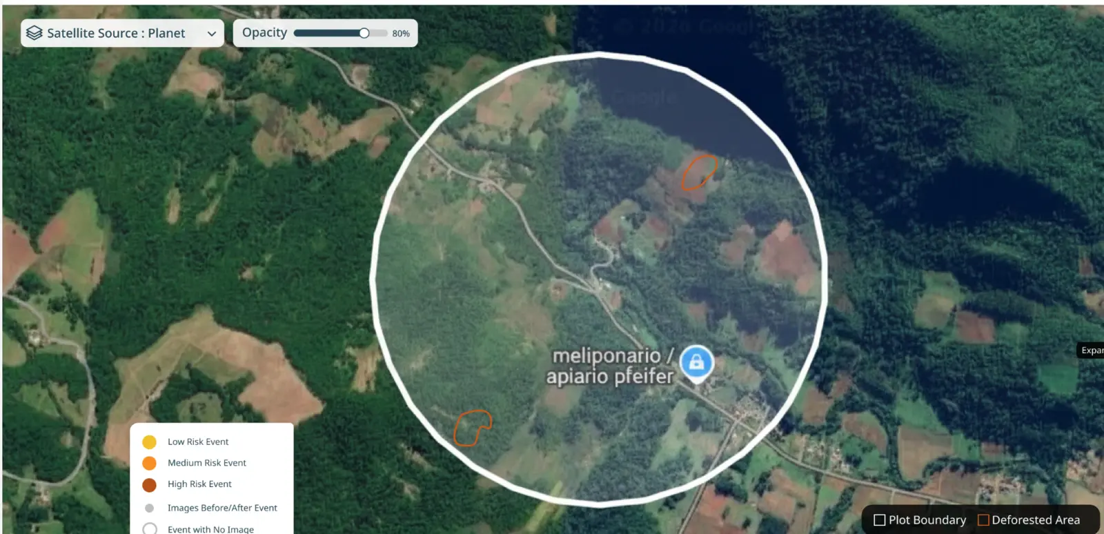 Satellite evidence showing a reviewed forest-loss area and event markers