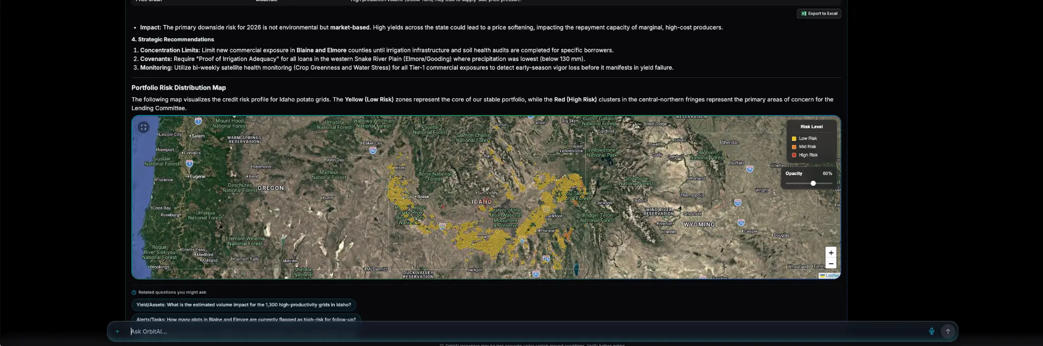 OrbitAI map showing the geographic distribution of Idaho potato credit exposure