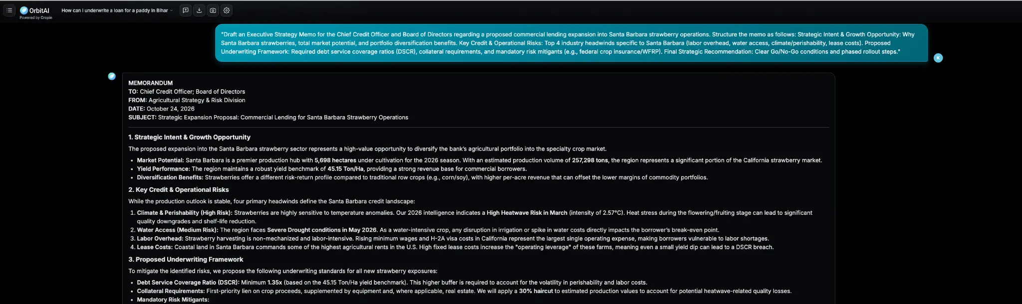 OrbitAI strategy memo assessing the Santa Barbara strawberry lending opportunity and industry risks