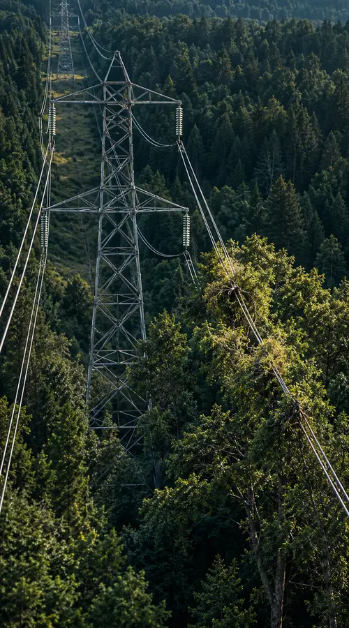 Power transmission line encroached by forest canopy