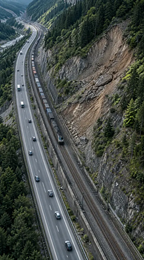 Road and rail corridor beside unstable terrain