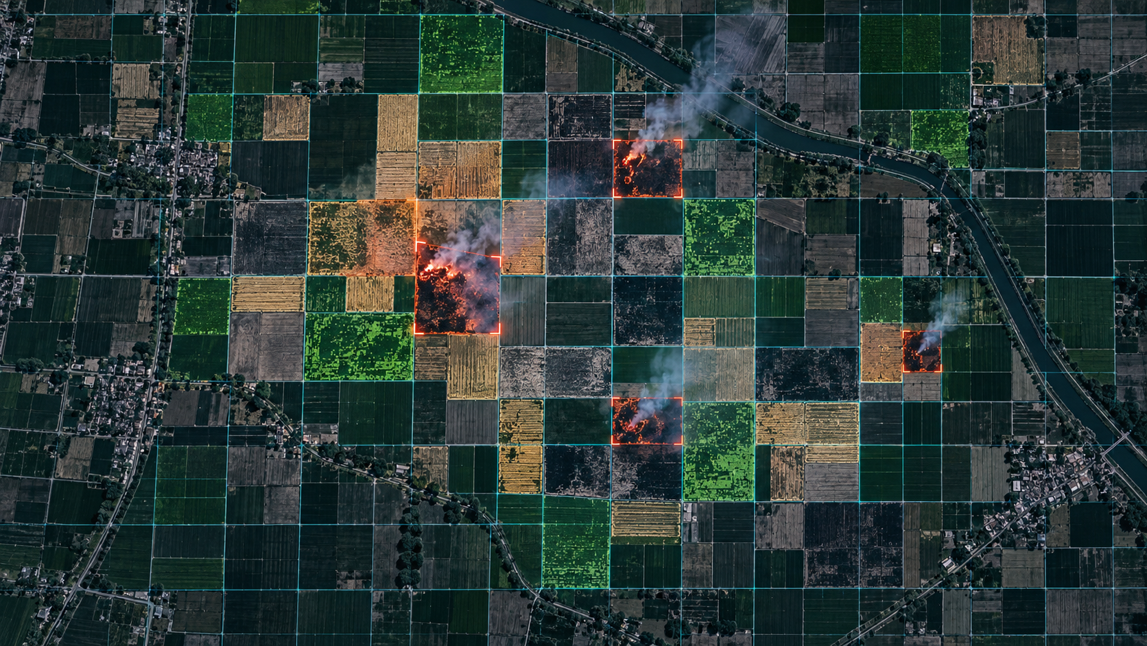 Satellite-style agricultural landscape with Earth-grid cells and detected residue-burning events